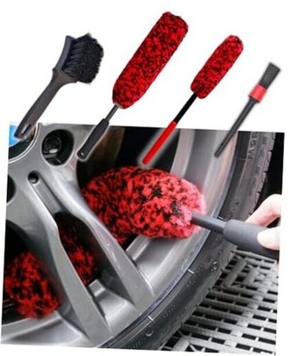 Professional 4 Pack Long Handle Wheel Brush Kit for 4 Pack (Red & Black)