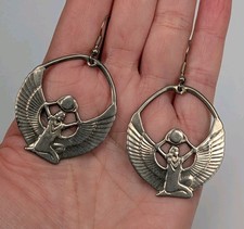 Women's Vintage Silver Tone MCM Egyptian Goddess Isis Open Work Dangle Earrings