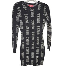 GUESS Black White All Over Logo Long Sleeve Sweater Dress XS