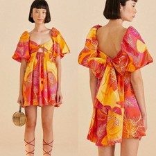 FARM RIO Summer Garden Yellow Orange Floral Ombre Tie Bow Back Mini Dress XS 0/2