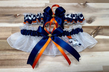 HANDMADE NFL Denver Broncos Set of 2 White Organza  Navy Ribbon Wedding GARTER