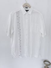 WEEKENDER Men XL Cream White 100 Linen Button Up SS Shirt Guayabera Embroidery