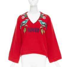 GUCCI 2017 Runway red wool Loved Bird floral embroidered red wool sweater S