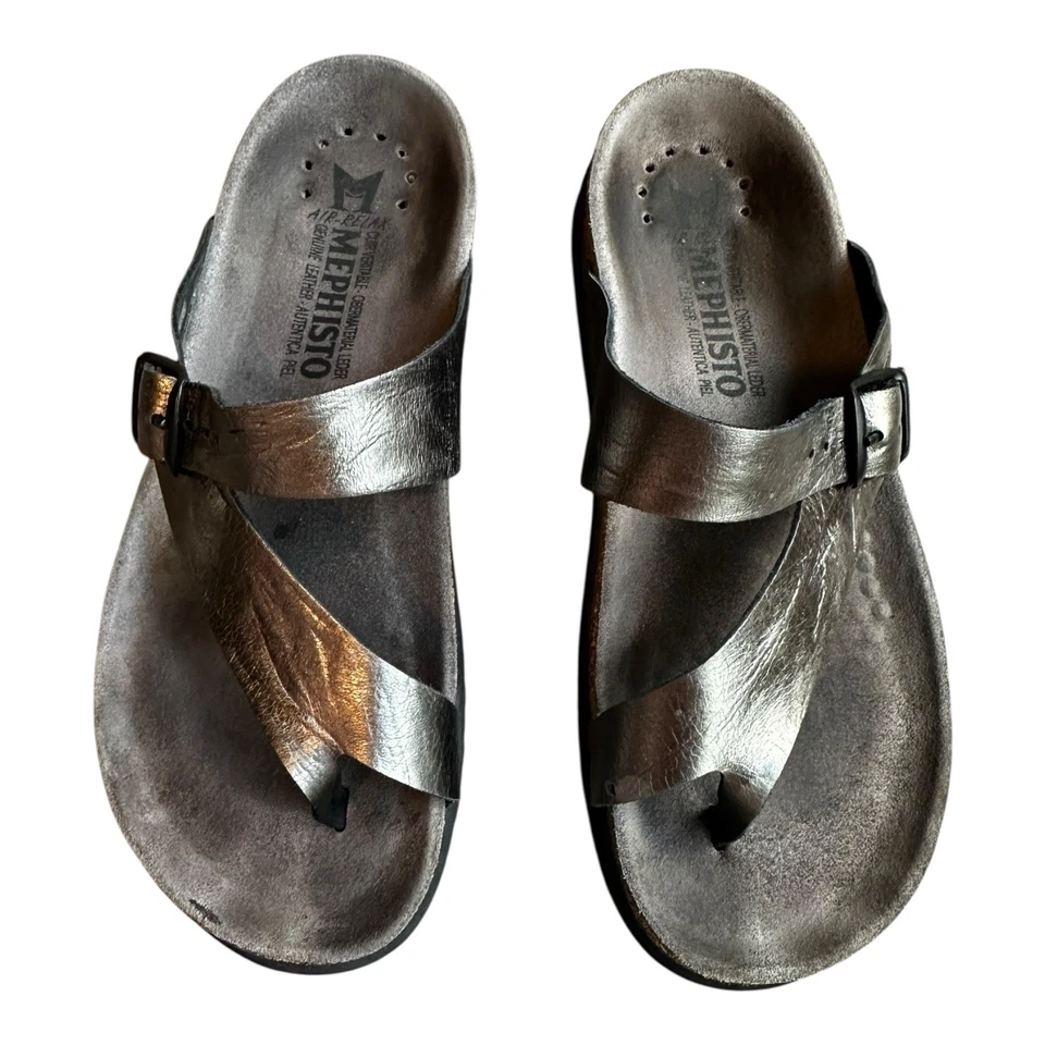 MEPHISTO HELEN  WOMENS SZ 6  (EU 36) PEWTER METALLIC LEATHER THONG SANDALS CORK - Image 3 of 4