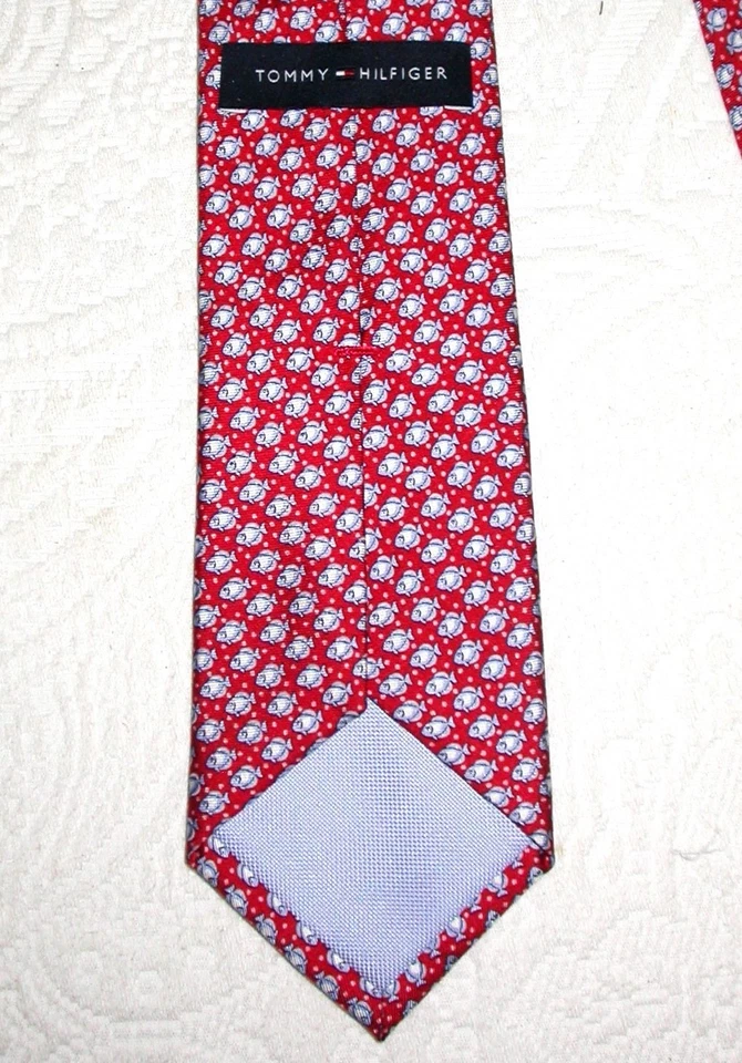 Tommy Hilfiger Hombre 100% Seda Corbata Papá Corbata Roja con Mini Pez 3" Ancho Retro Foto 4 de 4