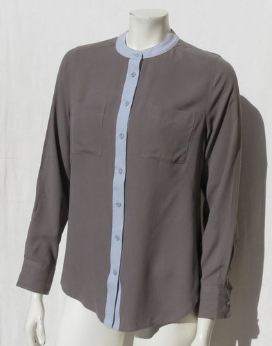 soft surroundings gray blue silk long sleeve collarless blouse