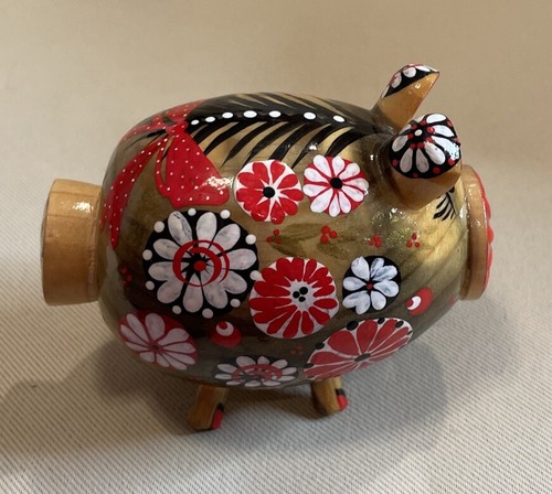 Wood Lacquer Folk Art Piggy Pig Salt Or Pepper Shaker Floral Colorful - Picture 3 of 8