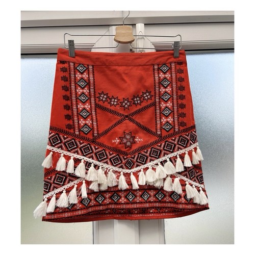 RIVER ISLAND orange Western Boho Minirock bestickt Quasten Größe 10