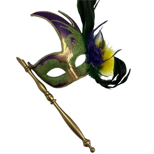 MARDI GRAS Green, Purple & Gold Feather Swan Masquerade Mask Stick Mask - Picture 8 of 8