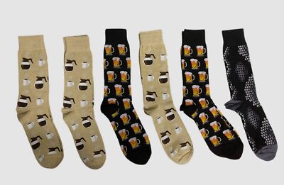 Hot Sox Men's 6 Pair Beige Black Print Pack Graphic Crew Socks Shoe 6-12