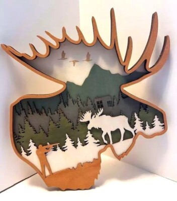 Moose Wooden 3D Multilayer Wood Shadowbox Handcrafted Made USA Hanging 13''