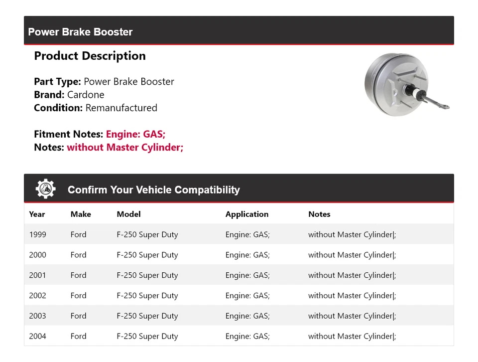 Para Ford F-250 Super Duty 1999-2004 GAS Power Brake Booster Cardone 2000 2001 Foto 2 de 4