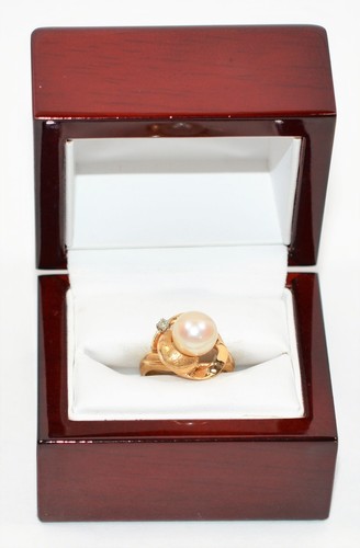 Natural Akoya Pearl & Diamond Ring 14K Solid Gold .04ct Gemstone Ring Vintage - Picture 12 of 12