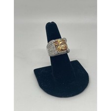 925 Sterling Silver RP Citrine and CZ Princess Cut Ring Size 6.5