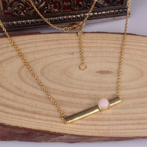 Handmade Dainty Gold Plated 925 Silver Bar Necklace With Pink Opal Jewelry Gift - Picture 5 of 7