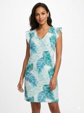 Tahari Linen Dress Womens Medium Blue Green Tropical  Palm Leaf Ruffle Sleeve