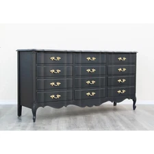 1970's French Provincial Charcoal Black Dresser of Twelve Drawers by Henry Link