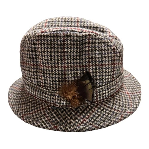 Cappello uomo vintage Burberry lana Fedora pied de poule grigio bordeaux Oldey Moneya t 7 8"
