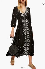 Free People Embroidered Black Fable Midis Dress Floral Sz S Boho Cottagecore
