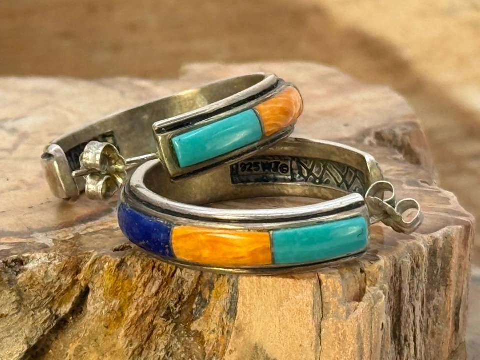 Vintage WJ 30mm Sterling Silver Multi Stone Half Hoop Earrings--2373.25 - Image 3 of 4