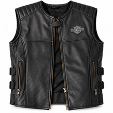 Harley Davidson Black Leather Motorcycle Biker Vest Zip Front Mesh Lined