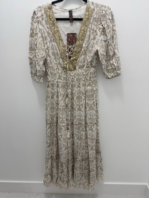 Me 2 Me Boho Midi Dress Cream Gold Metallic Print Sequin Trim Lace Up Large