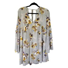 Altar’d State Bell Sleeve Boho Floral Tunic Mini Dress S Grey Fairy Garden Girl