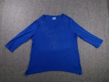 Jaclyn Smith Top Woman Large Blue Base Layer Capsule Work Beaded Neck Casual