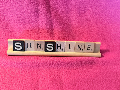 Desk or Tabletop Decor, ''Sunshine'' on Scrabble Tiles Glued to a Base, 7 X 1''