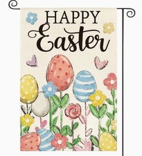 Easter Garden Flag 12x18in Burlap Double-Sided Happy Easter Eggs Flowers
