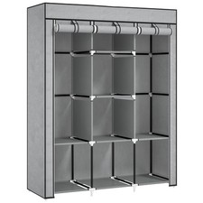 HOMCOM Fabric Portable Wardrobe with 8 Shelves 2 Hanging Rails, Light Grey