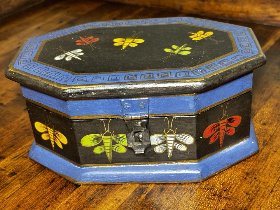 Foreside Set of 2 Rustic Wooden Nesting Boxes Blue Black Colorful Moths 8" 6" - Image 3 of 4