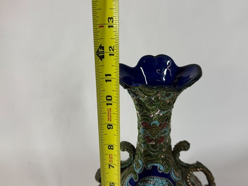 Vintage 11" Blue Green Dragon Floral Japanese Moriage Ceramic Amphora Vase - Picture 9 of 11