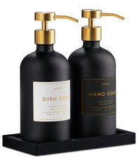 Glass Soap Dispenser Set of 2 Black with Silicone Tray  Hand and Dish Soap...