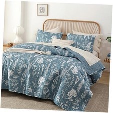 Quilts Queen Size Bed Spread Botanical 3 Pieces Queen /Full Mineral Blue