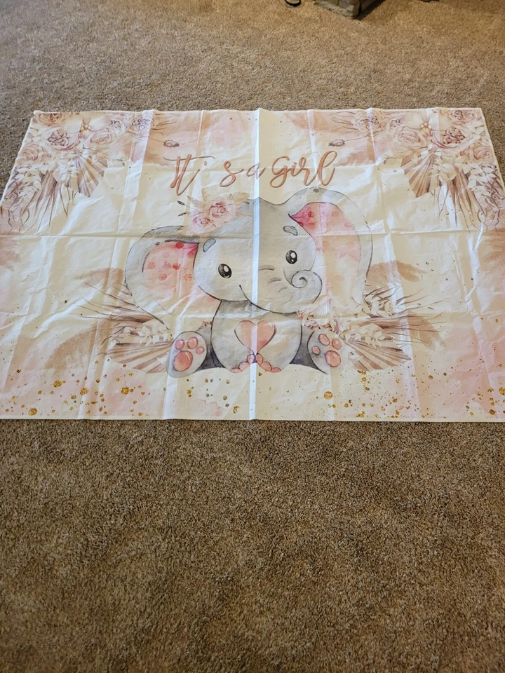 It's A Girl! Telón de fondo colgante de pared bebé elefante flores 83x60 tela de alta resistencia Foto 2 de 4