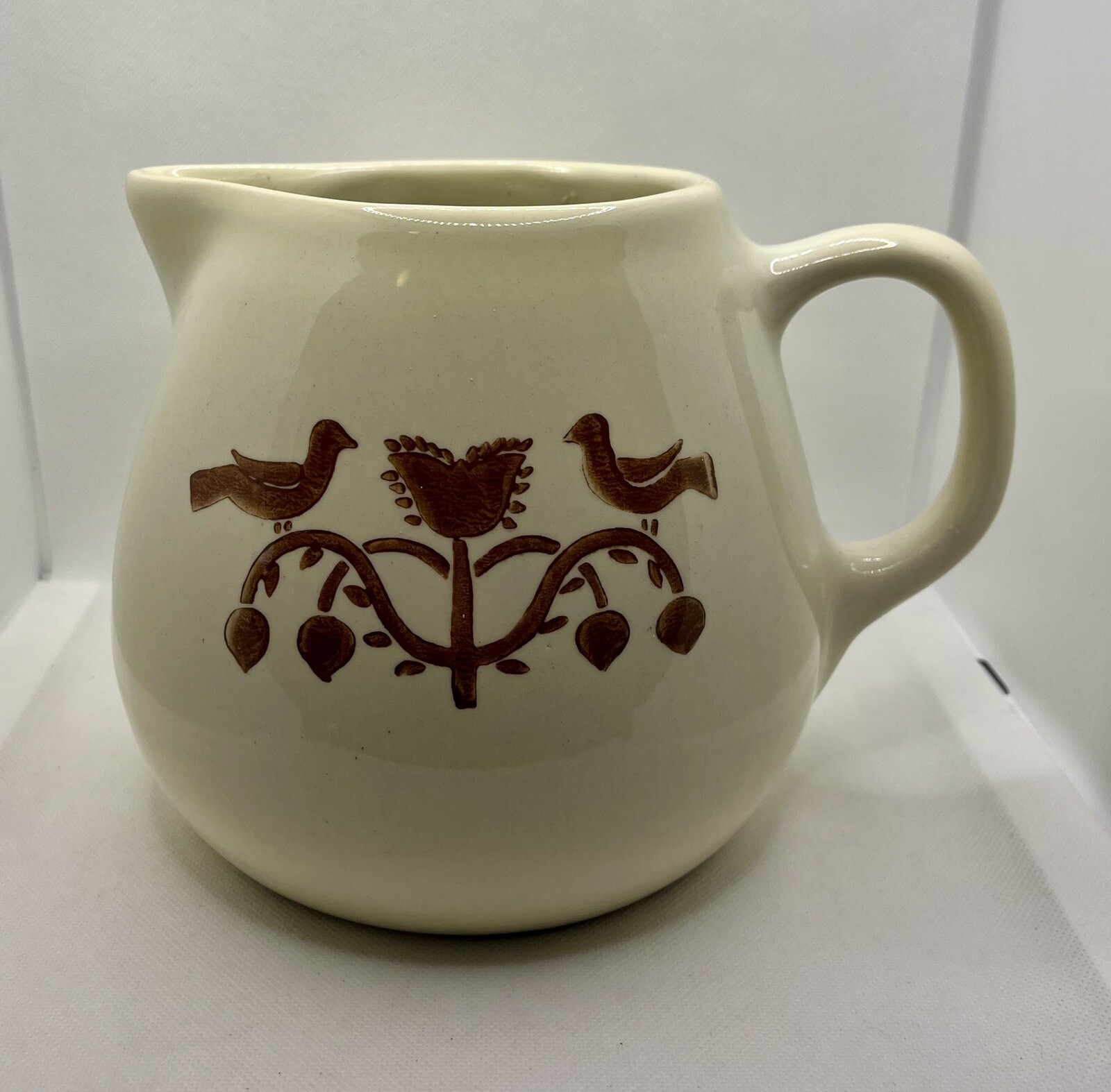 Antique Stoneware Chunky Round Pitcher Jug Creamy White With Brown Folk Art Birds Floral Design, vintage pottery
