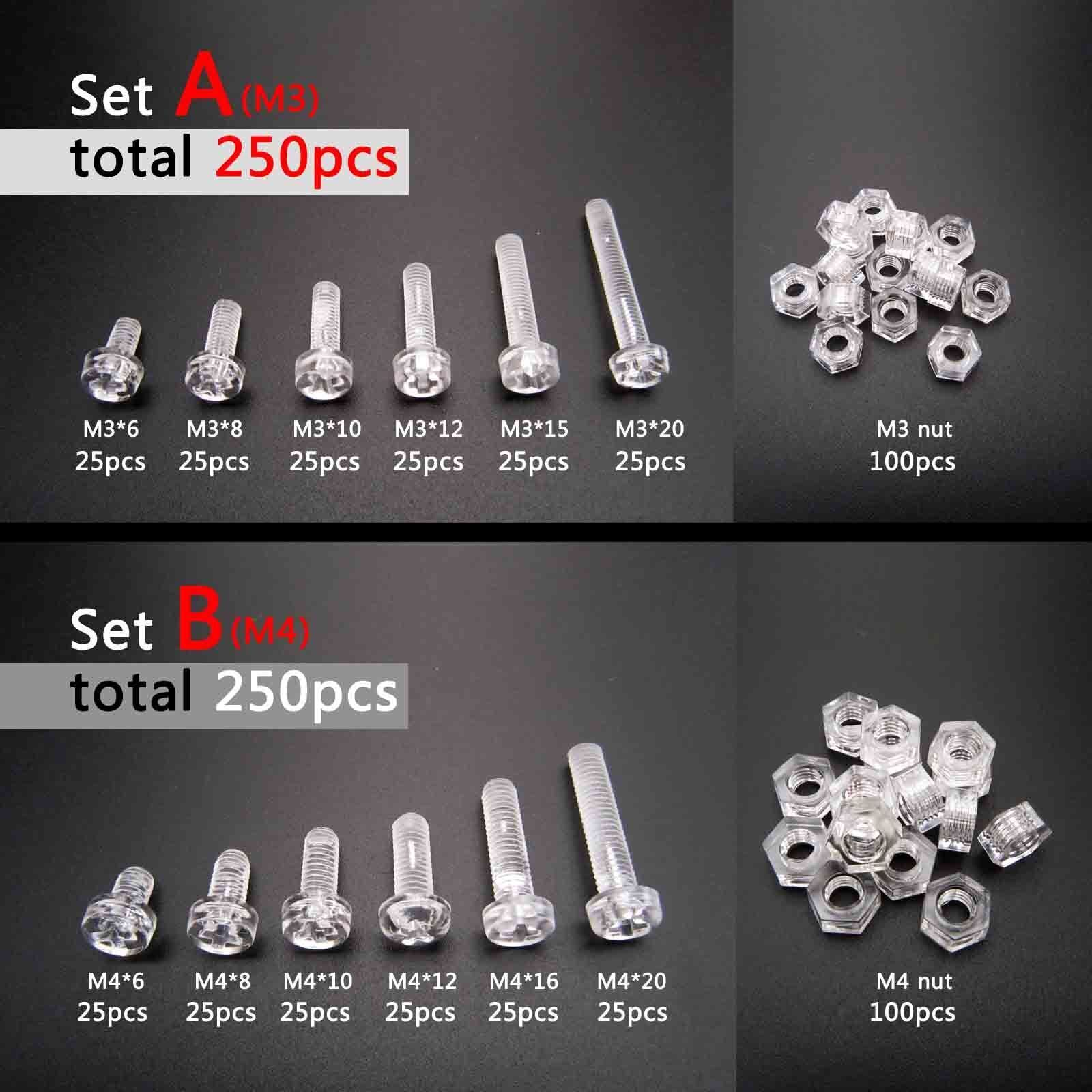 250pc Acrylic Clear Plastic M3 M4 Round Pan Phillips Head Screw Bolt Nut Set Kit