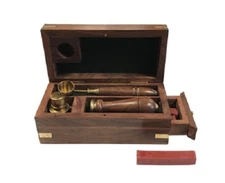 Letter Seal Wax Kit with Burner Spoon & Stamp in Wooden Wood Box Vintage Style