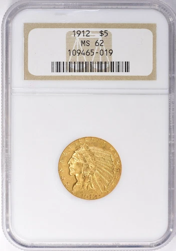 1912 INDIAN HEAD $5 HALF EAGLE GOLD NGC MS62