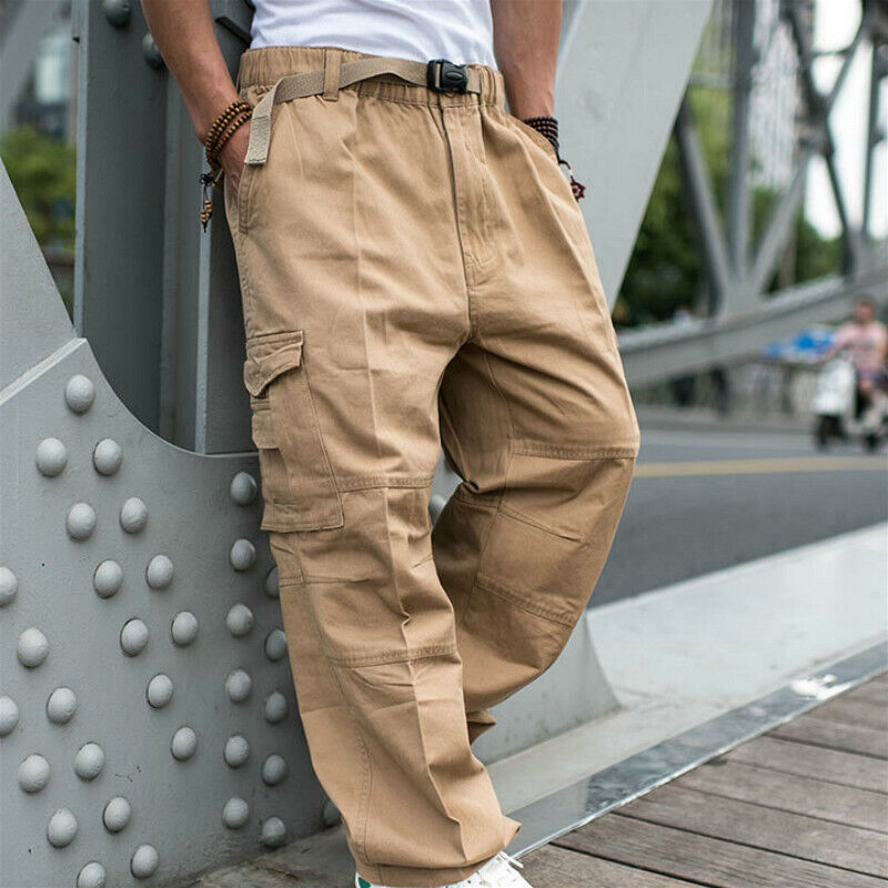 Mens Baggy Pants Loose Sitting Cargo Pants Hip Hop Loose Solid Color Rubber  Band