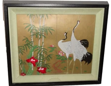 Vintage Framed Oriental Bird Print ~ 3D ~ Egrets Decorative Flowers under Glass