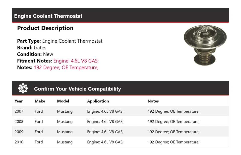 For 2007-2010 Ford Mustang 4.6L V8 GAS Engine Coolant Thermostat Gates 2008 2009 - Image 2 of 4