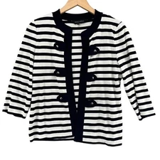 Ming Wang Cardigan Jacket Womens Navy White Striped Open Front Acrylic Knit Sz S