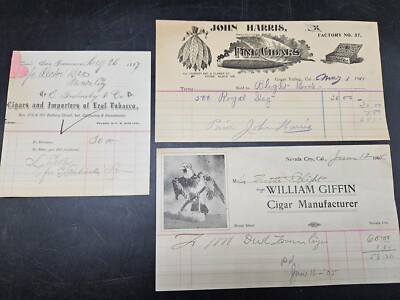 3 GRASS VALLEY / NEVADA CITY, CA Bill Heads 1887-1911, Cigars Tobacco Receipts