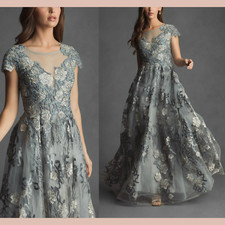 NWT$798 Mac Duggal [ 8 ] 20294 Floral Embroidered Short Sleeve Gown Seamist J474