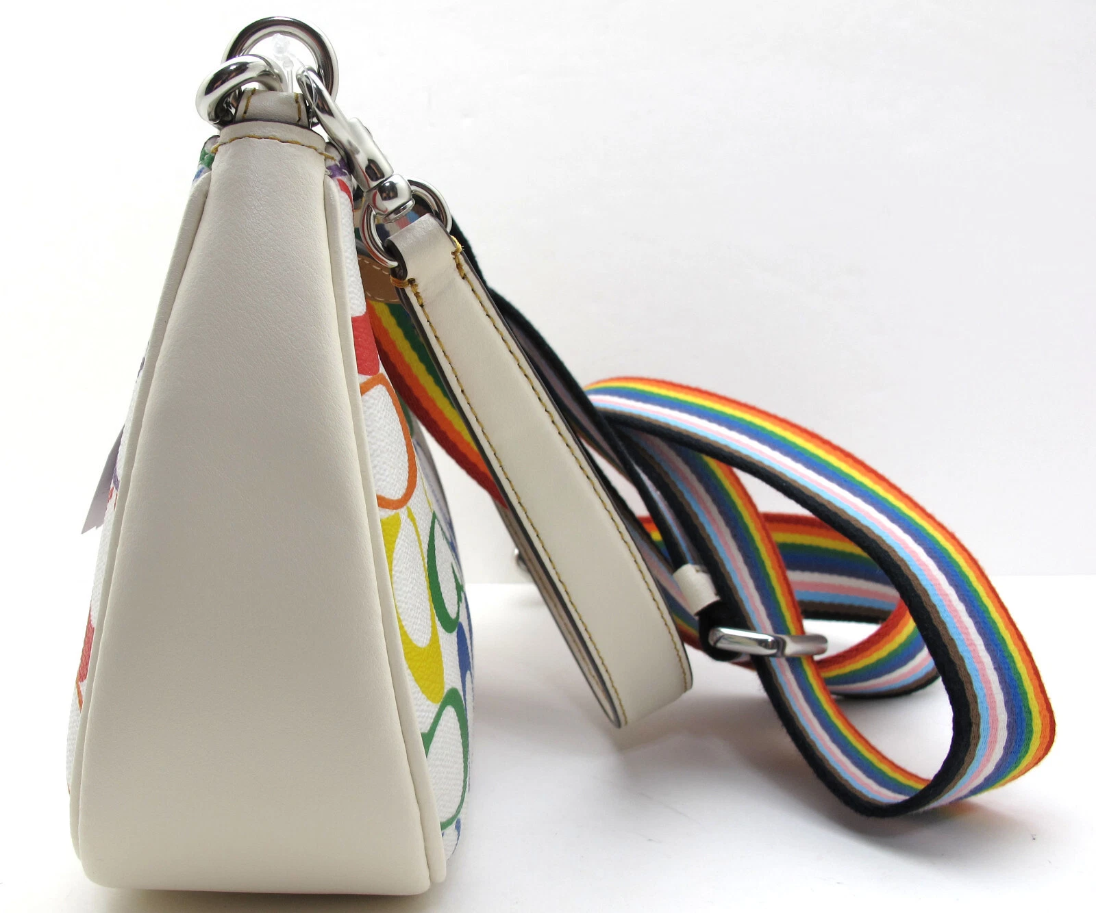 NUOVO autentico cinturino a tracolla COACH TERI firmato arcobaleno gesso multi CA176