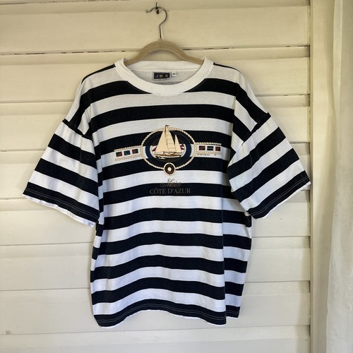 JBS Resort Wear T Shirt Size XL White Black Striped Cotton Nautical Vintage - Picture 24 of 24