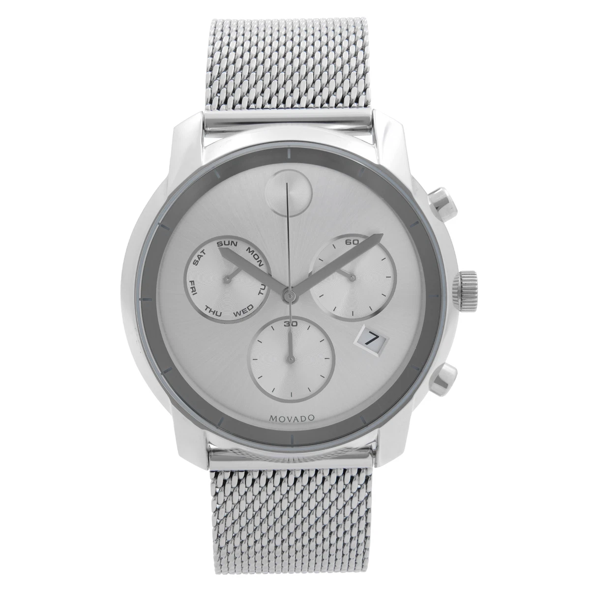 Movado Bold 44mm Chronograph Steel Silver Dial Mesh Quartz Mens