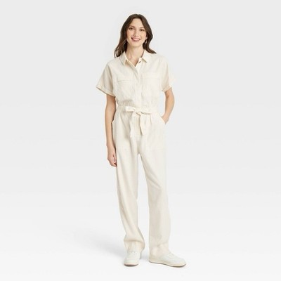 Women's Short Sleeve Linen Boilersuit - Universal Thread cream 2